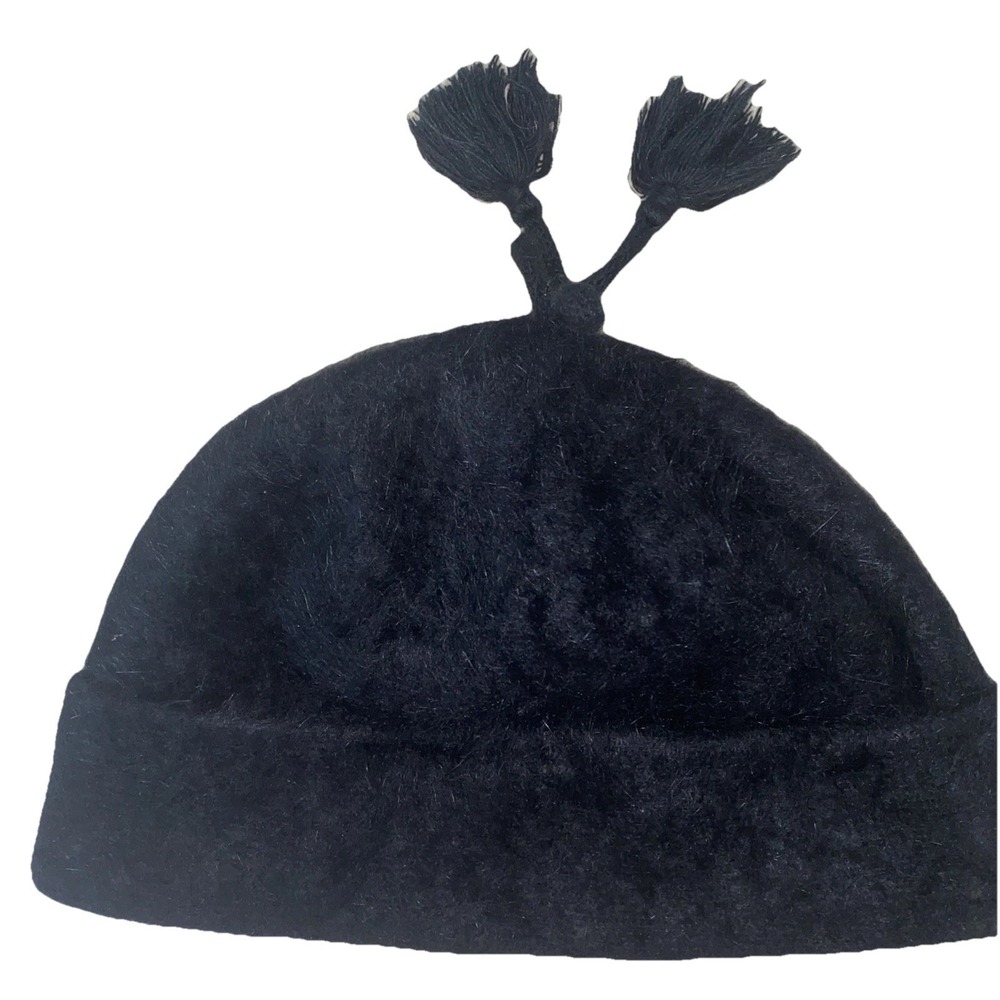 Angora‎ Beanie Women OSFA Black Wool Blend Fuzzy Tassel Winter Hat
